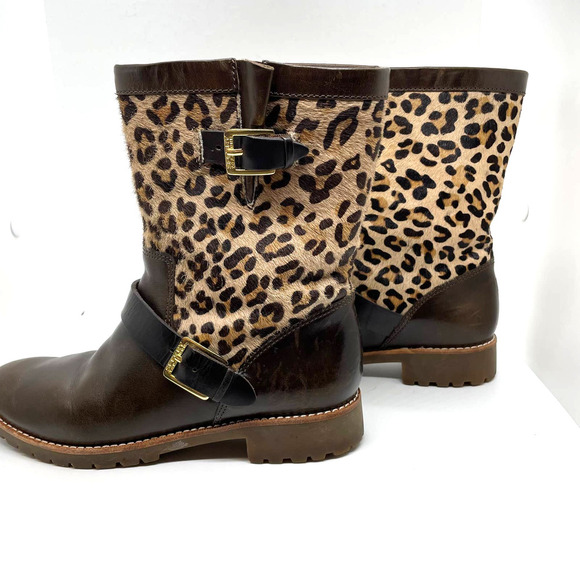 Sperry Britt Brown Leather and Calf Hair Leopard Print Buckle Clasp Boots size 5 - Picture 3 of 10